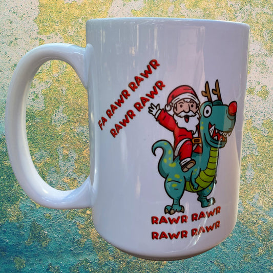 Christmas Santa on T-Rex 15oz Ceramic Mug | Fun Gift for Dinosaur Lovers, Kids, Cocoa Drinking