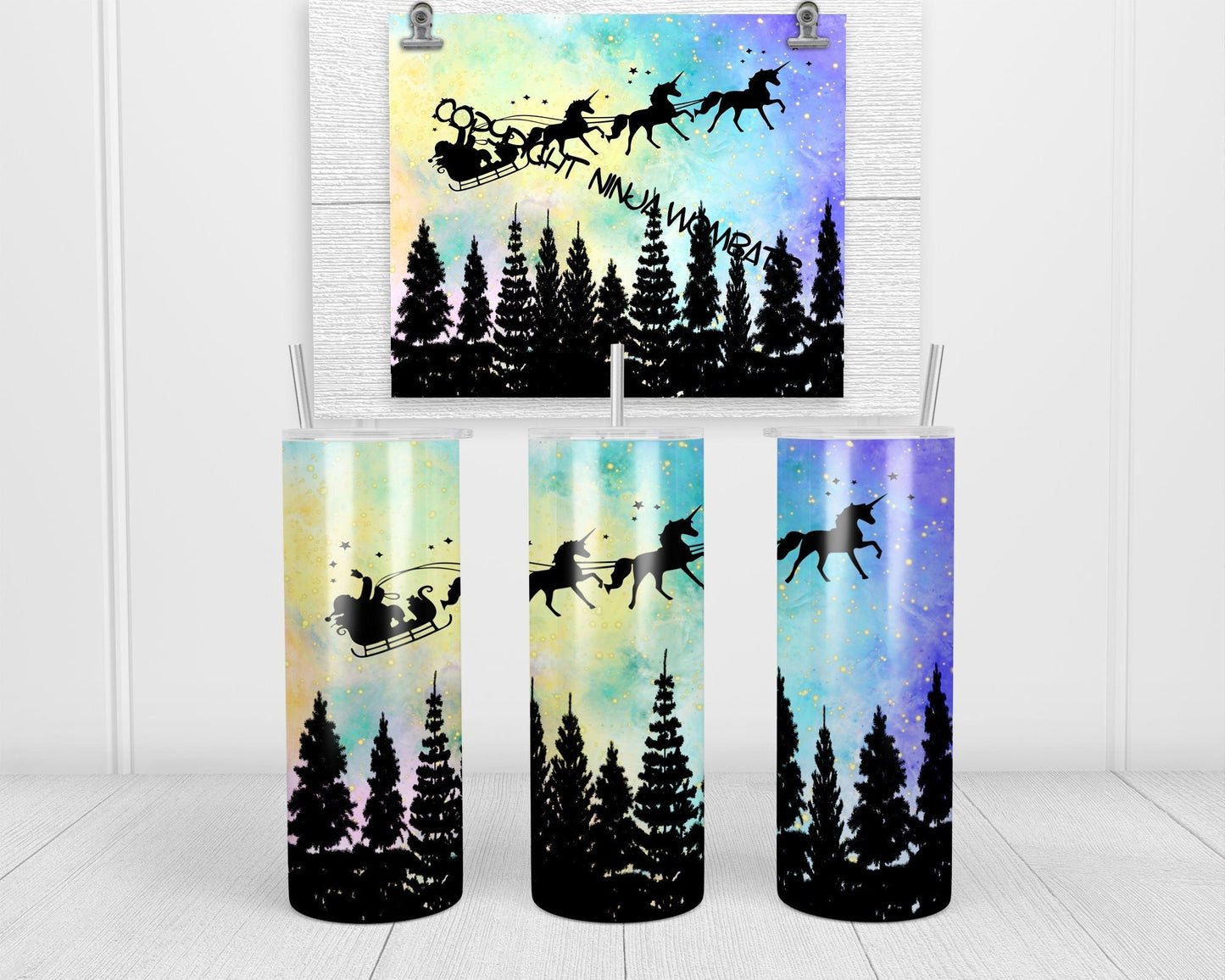 Unicorn Sleigh and Santa Glow in the Dark Tumbler | 20oz Skinny Tumbler | Unicorn Lovers and Magic Fans