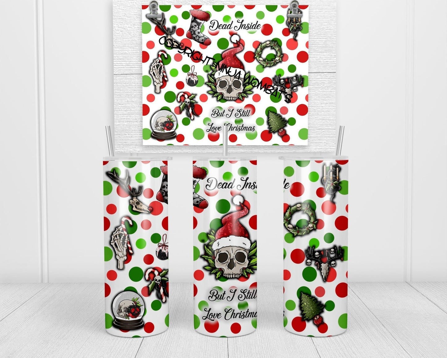 Dead Inside Christmas Glow in the Dark Tumbler | 20oz Skinny Tumbler | Goth, Creepy, Skeleton Christmas