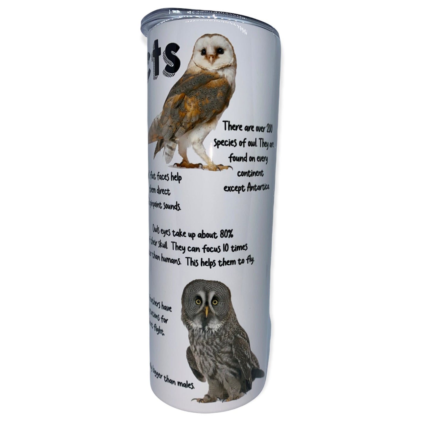 Owls Facts Tumbler, Cup | 20oz Skinny Tumbler | Funny Gift for Wildlife Lover, Endangered Species, Conservation Facts