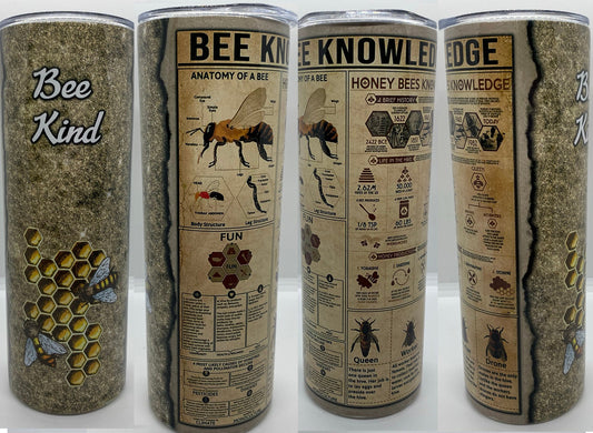 Bee Knowledge Tumbler | 20oz Skinny Tumbler | Beekeeper gift, pollinator, nature lover gift, Gifts for beeks