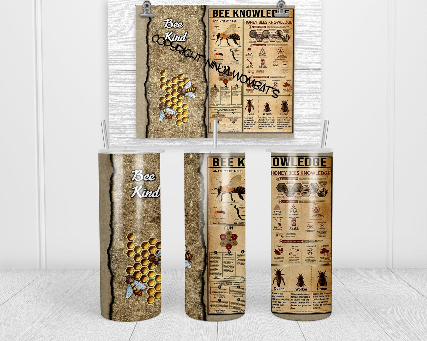Bee Knowledge Tumbler | 20oz Skinny Tumbler | Beekeeper gift, pollinator, nature lover gift, Gifts for beeks