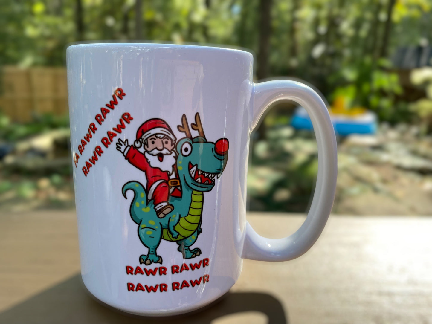 Christmas Santa on T-Rex 15oz Ceramic Mug | Fun Gift for Dinosaur Lovers, Kids, Cocoa Drinking