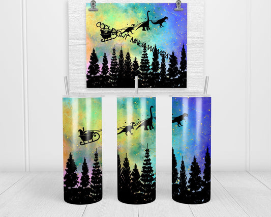 Dinosaur Sleigh and Santa Christmas Tumbler | 20oz Skinny Tumbler | Dinosaur Lovers and Jurassic Fans