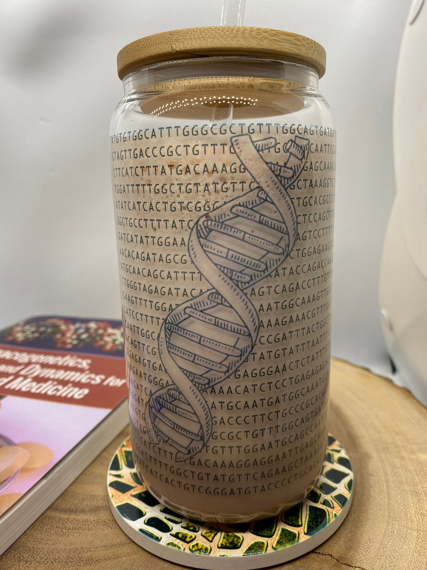 DNA Double Helix Human Genome 16oz Iced Coffee Glass with Bamboo Lid and Straw | Genomics, Genetics Gift | Beer Can Cup | Latte Glassware