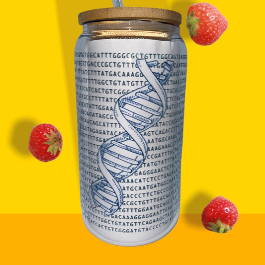 DNA Double Helix Human Genome 16oz Iced Coffee Glass with Bamboo Lid and Straw | Genomics, Genetics Gift | Beer Can Cup | Latte Glassware