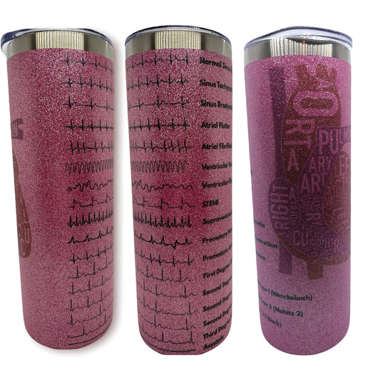 Cardiology Cardiac EKG ACLS | 20oz Pink Glitter Skinny Tumbler | Fun Gift for Nurses, Cardiologists, Medical Students, Electrophysiologists